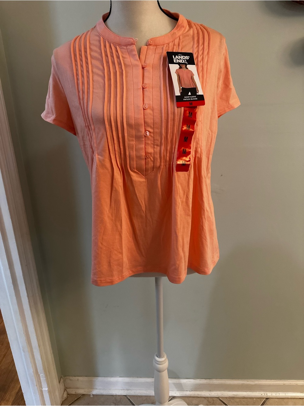 Lands' End Women's Coral Pintuck Button-Front Short Sleeve Top